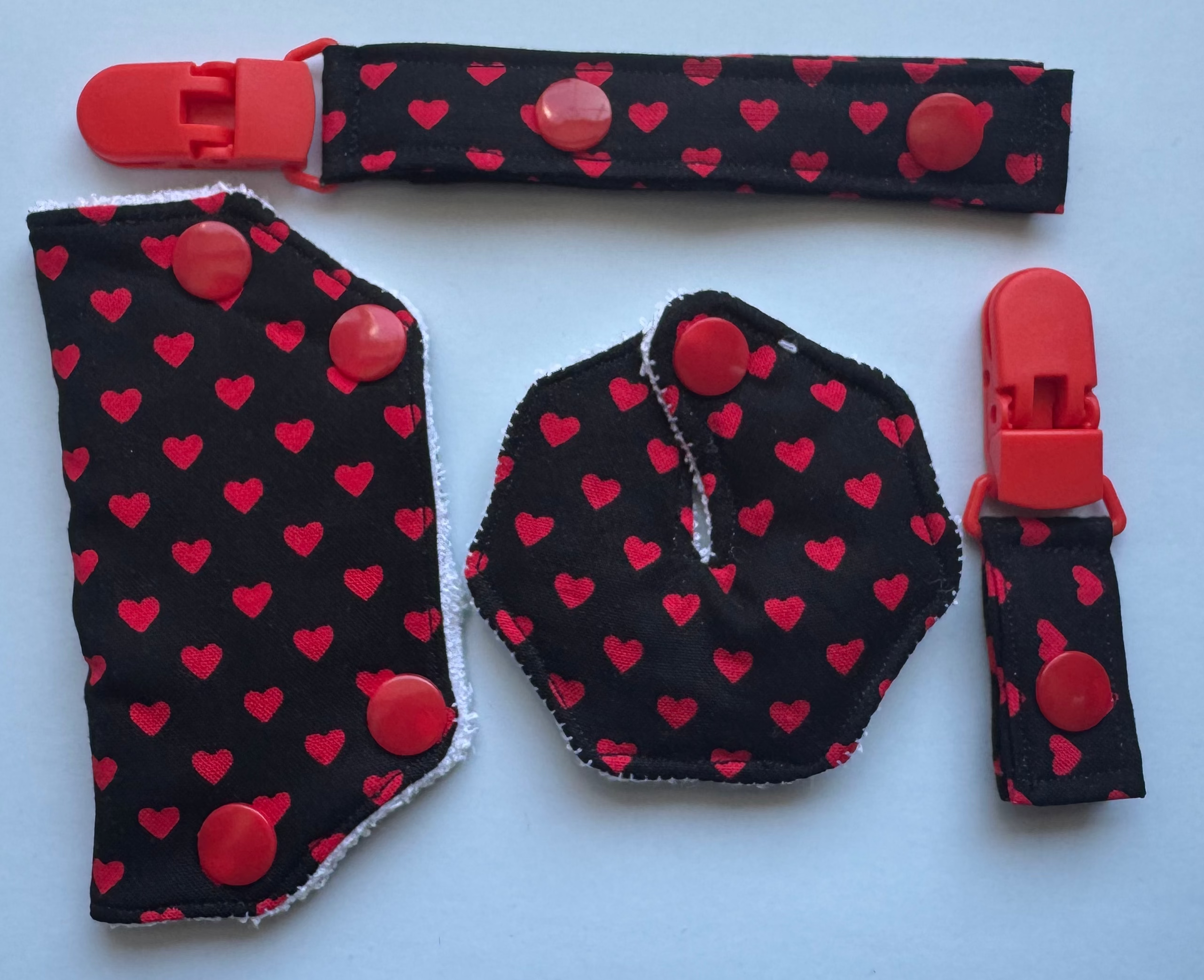 Red And Black Hearts Tubie Pads, Port covers, And Tubie Clips